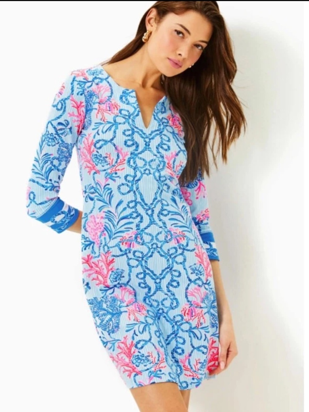 Lily Pulitzer Nadine UPF 50+ Shift Dress Vibrant Floral Coastal Split Neck Sz M